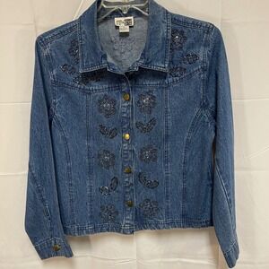 Vintage Floral Beaded Denim Jacket Womens L Western Rodeo Boho Whimsy Gypsy